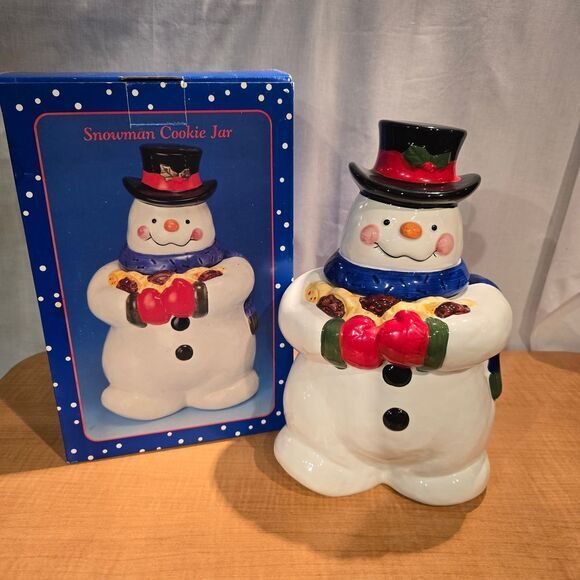 Snowman Cookie Jar Top Hat Blue Scarf‎ Holding Cookies with Original Box - Picture 1 of 11